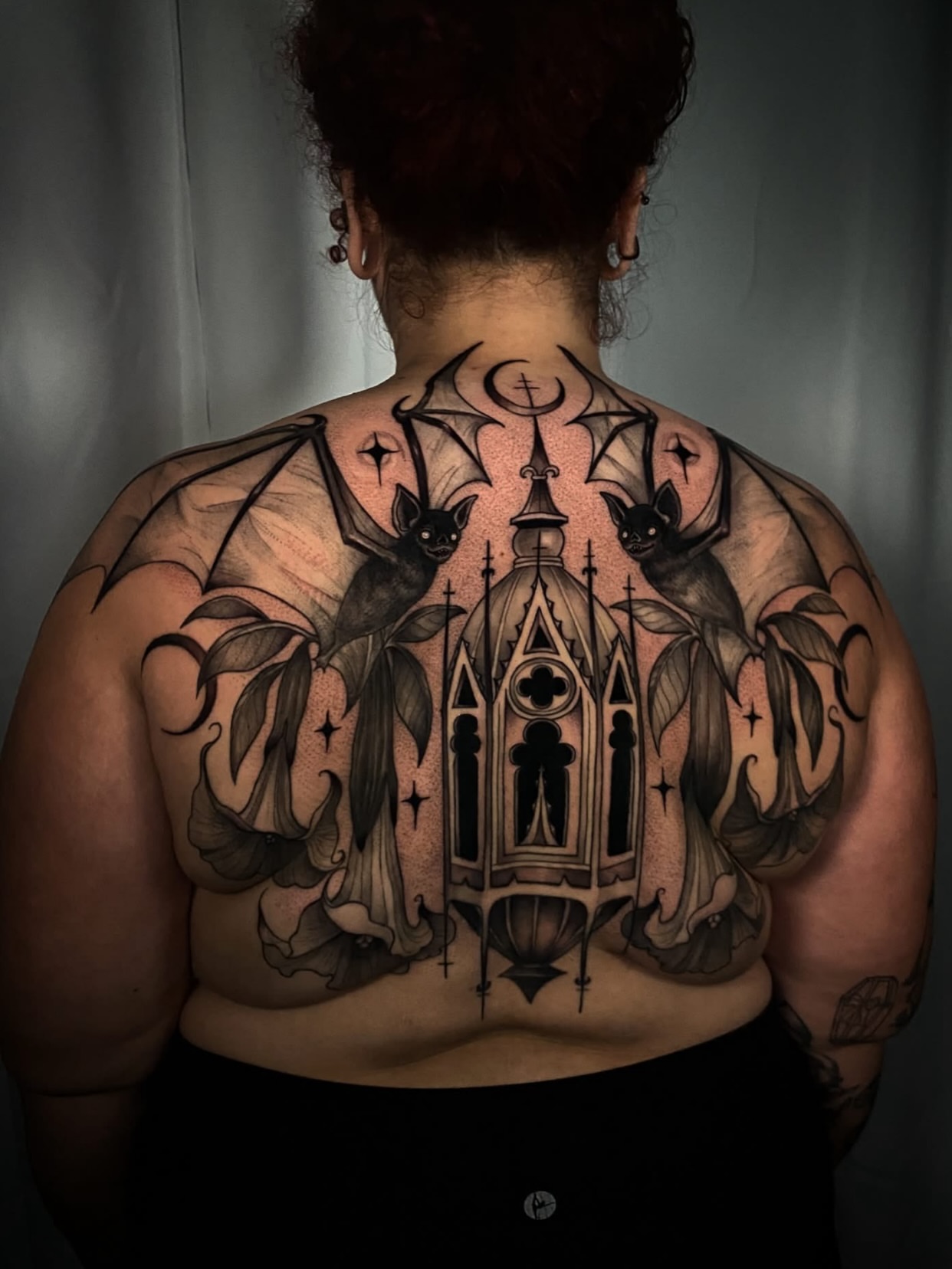 Gothic cathedral dark realism tattoo on the back by Marissa Tattoos