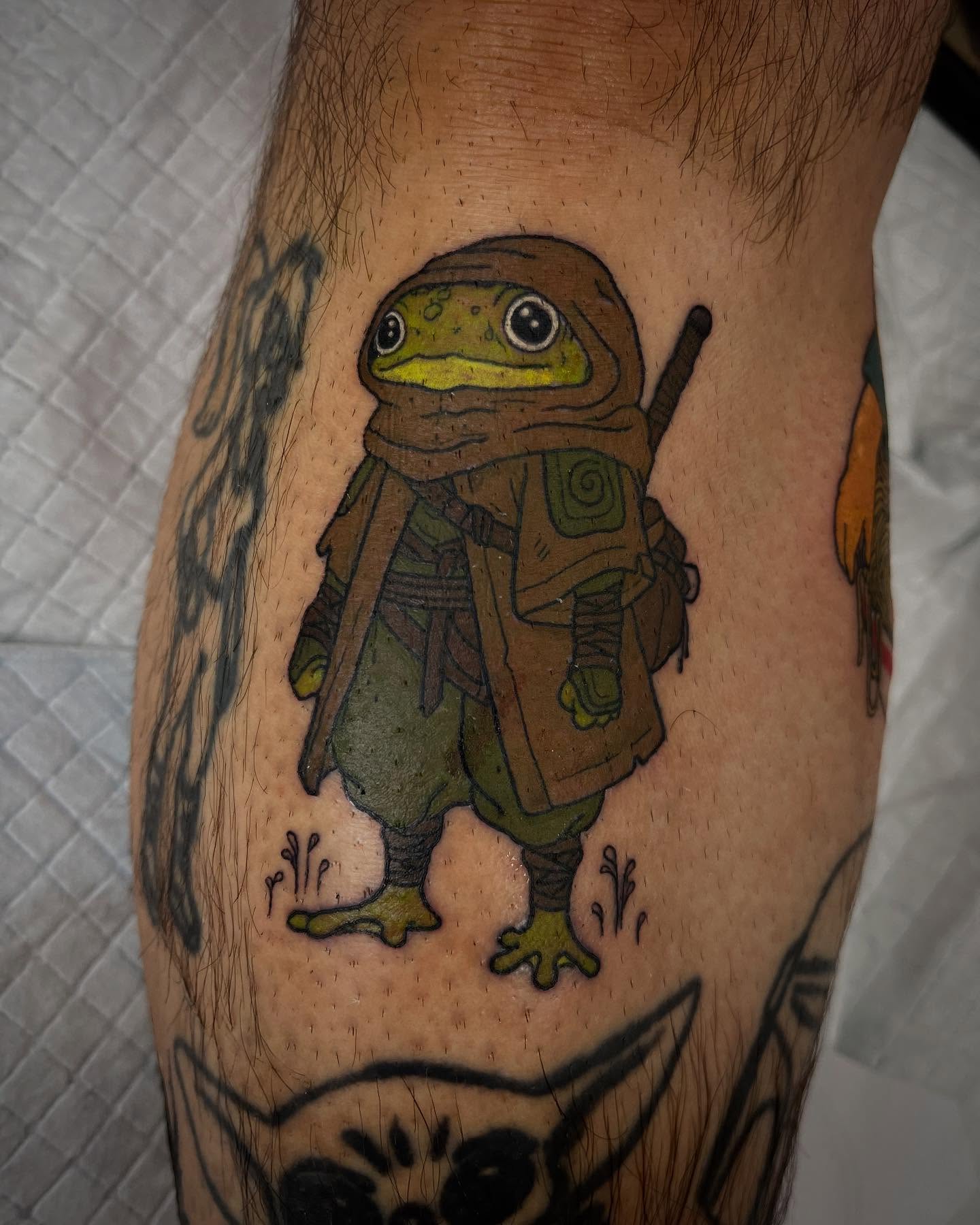 Frog in armor illustrative tattoo on the forearm by Peach ๐, Portland, Oregon