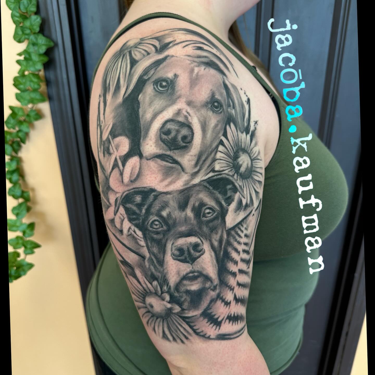 Dogs realism tattoo on the forearm by Jacoba Kaufman