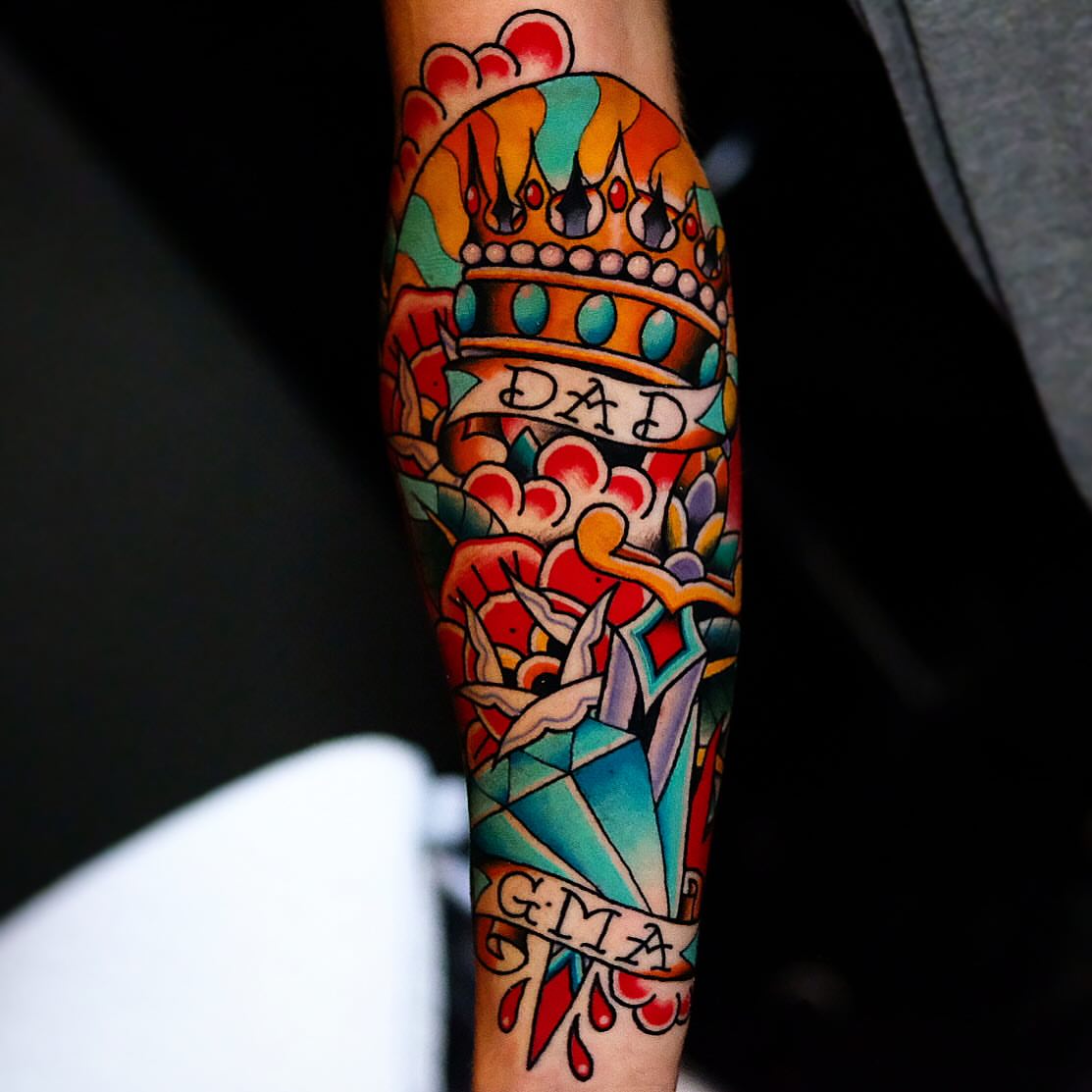 Royal crown American traditional tattoo on the forearm by Don Boos Tattoos