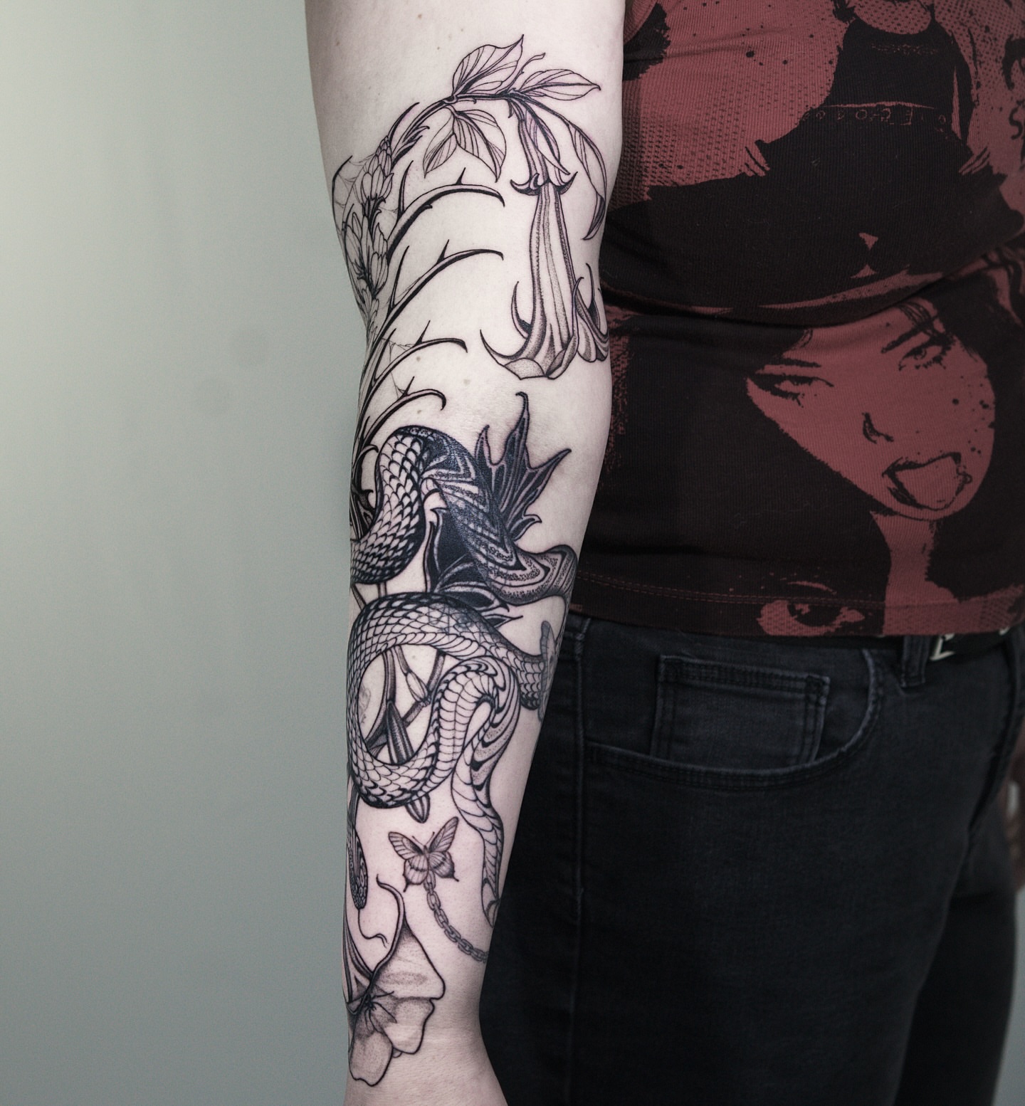 Dragon and flowers japanese irezumi tattoo on the forearm by H I R A  L U P E - tattoo artist, Oakland, California