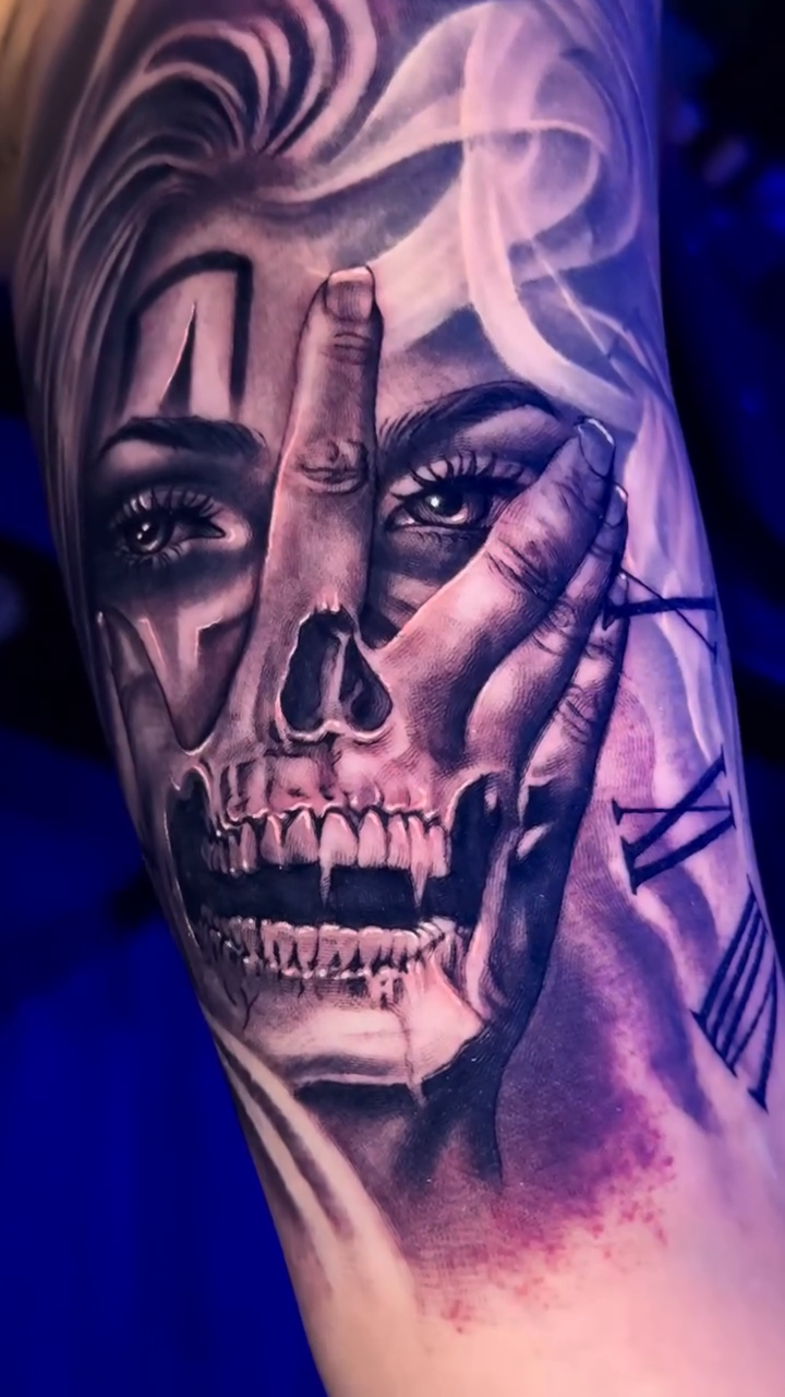Woman with skull face realism tattoo by Raw Hound, Hialeah, Florida