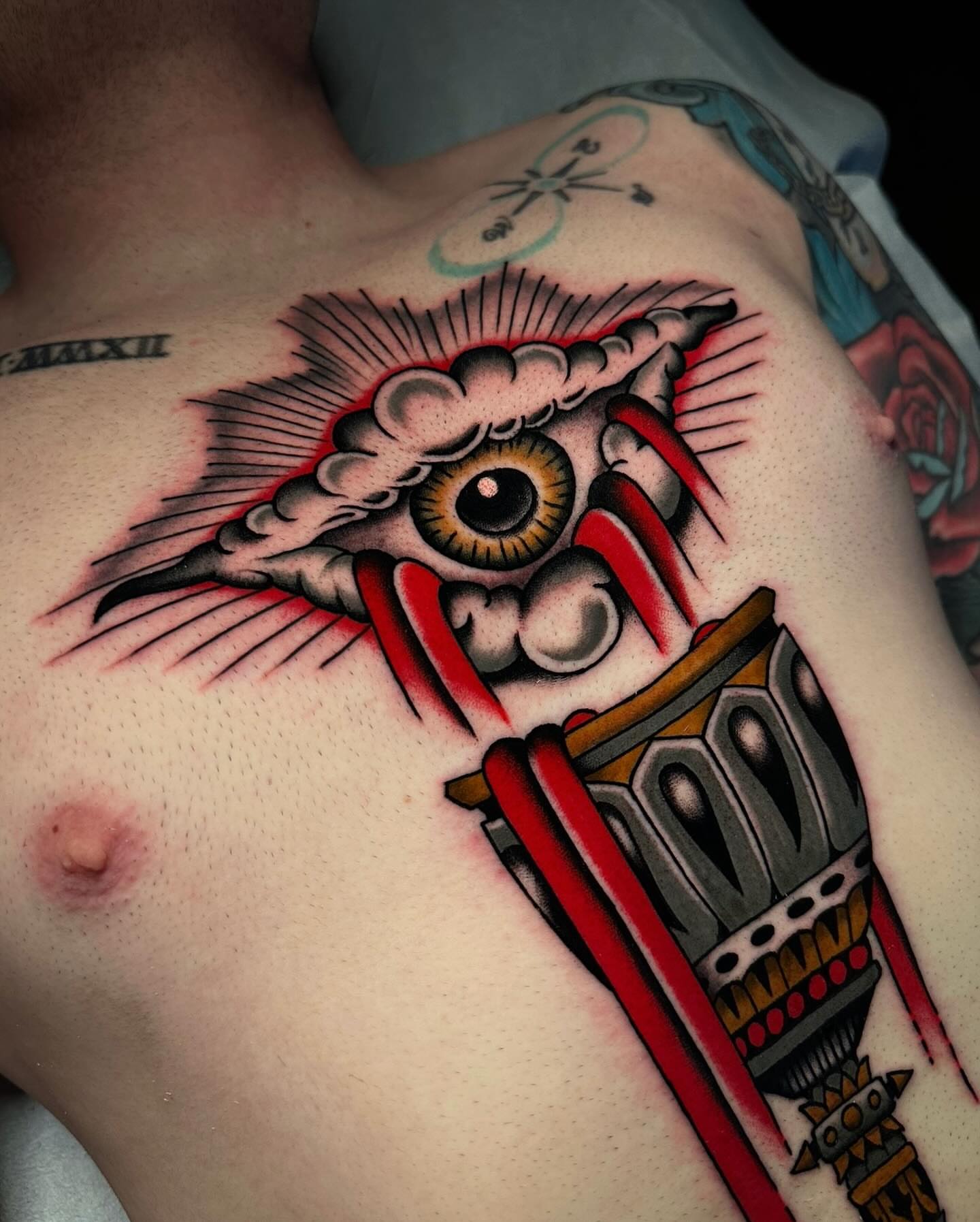 Owl American traditional tattoo on the chest by Tony Perez- Austin Texas Tattooer