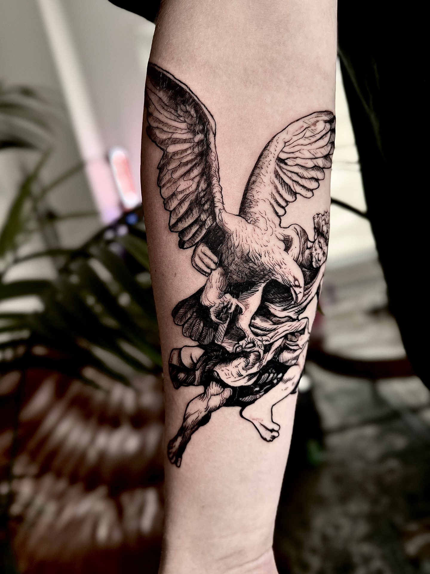 Eagle and woman realism tattoo on the forearm by Bwk Dark Art