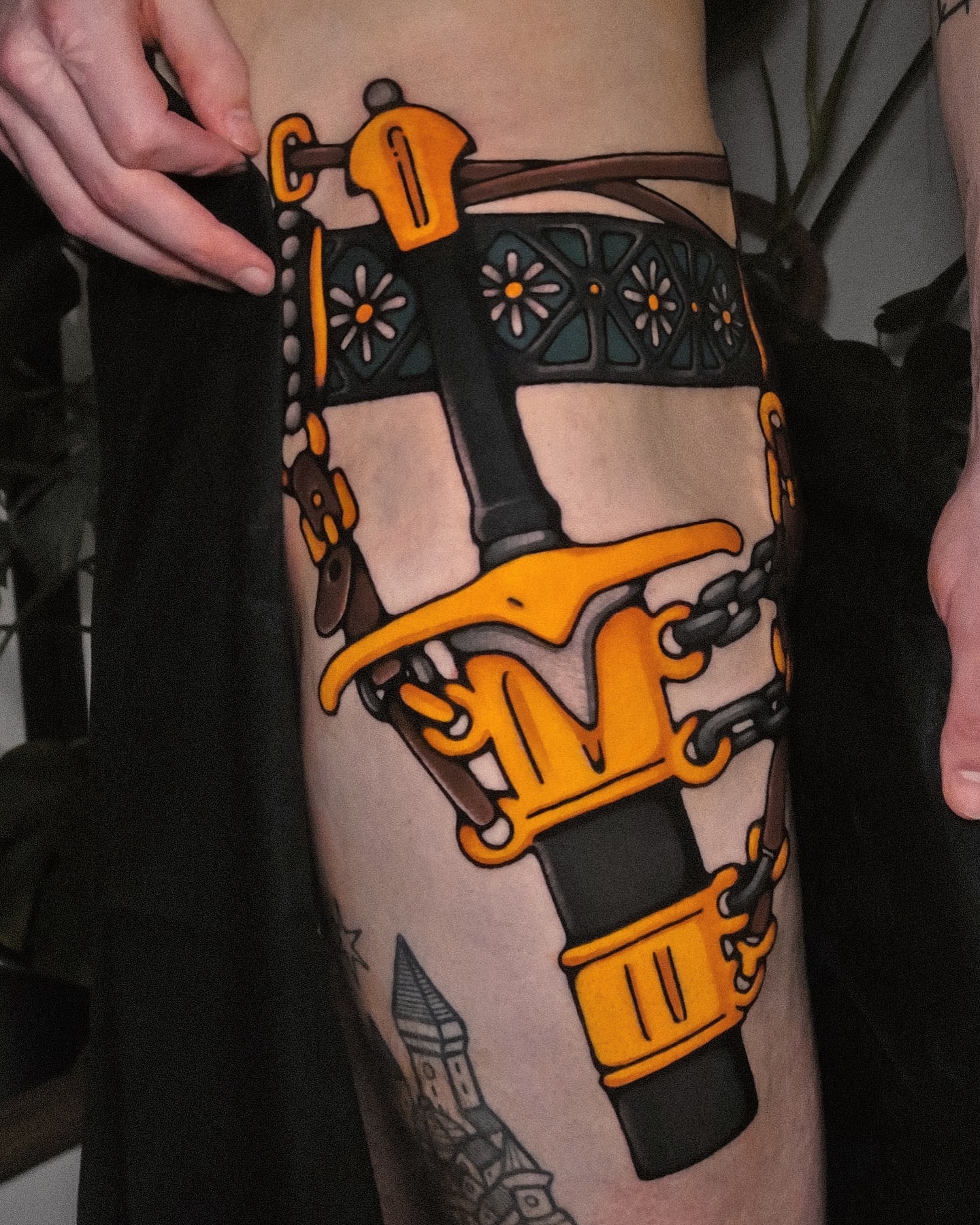 Sword and chain American traditional tattoo on the forearm by Last Year Of Disaster