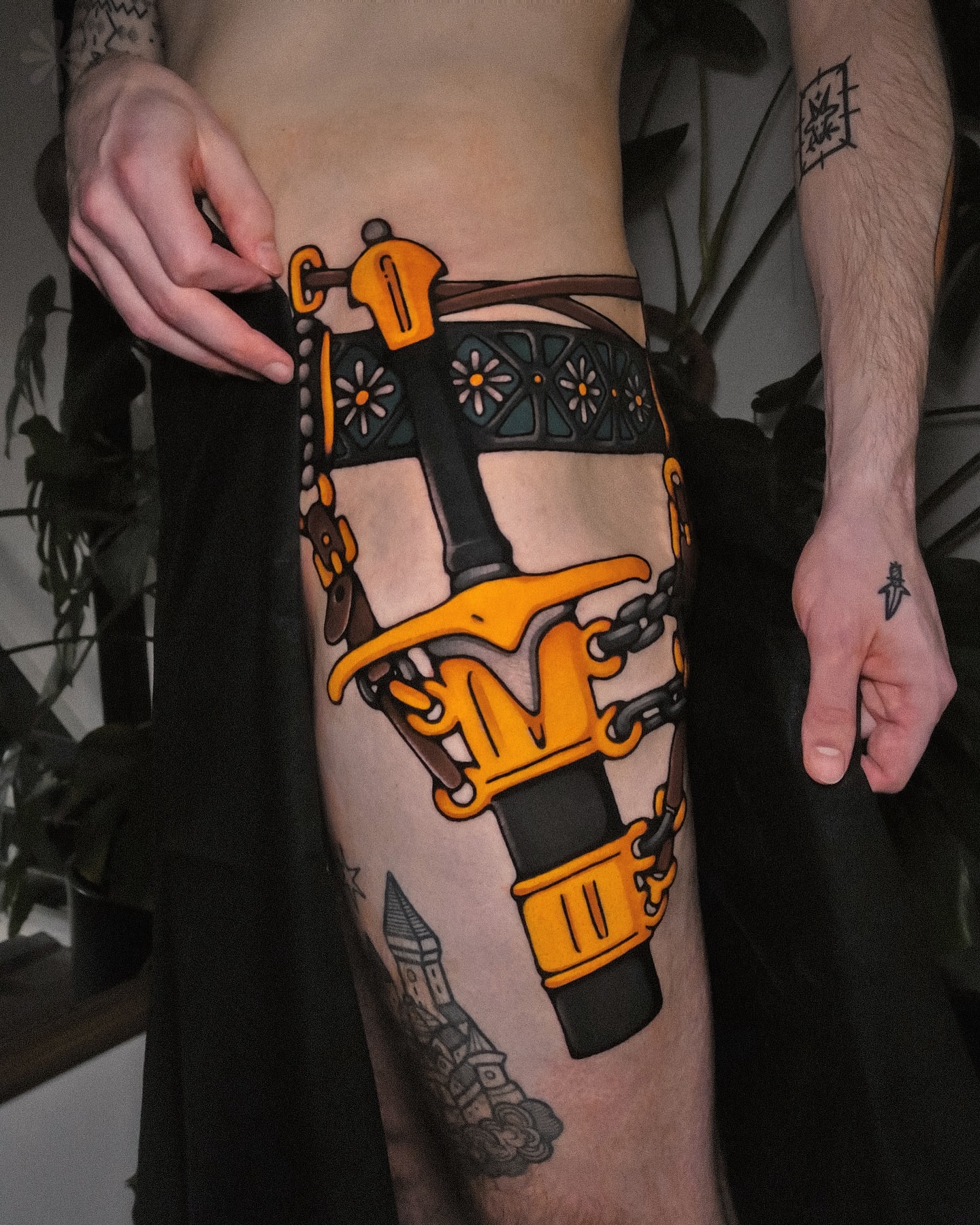 Drill and gear American traditional tattoo on the thigh by Last Year Of Disaster