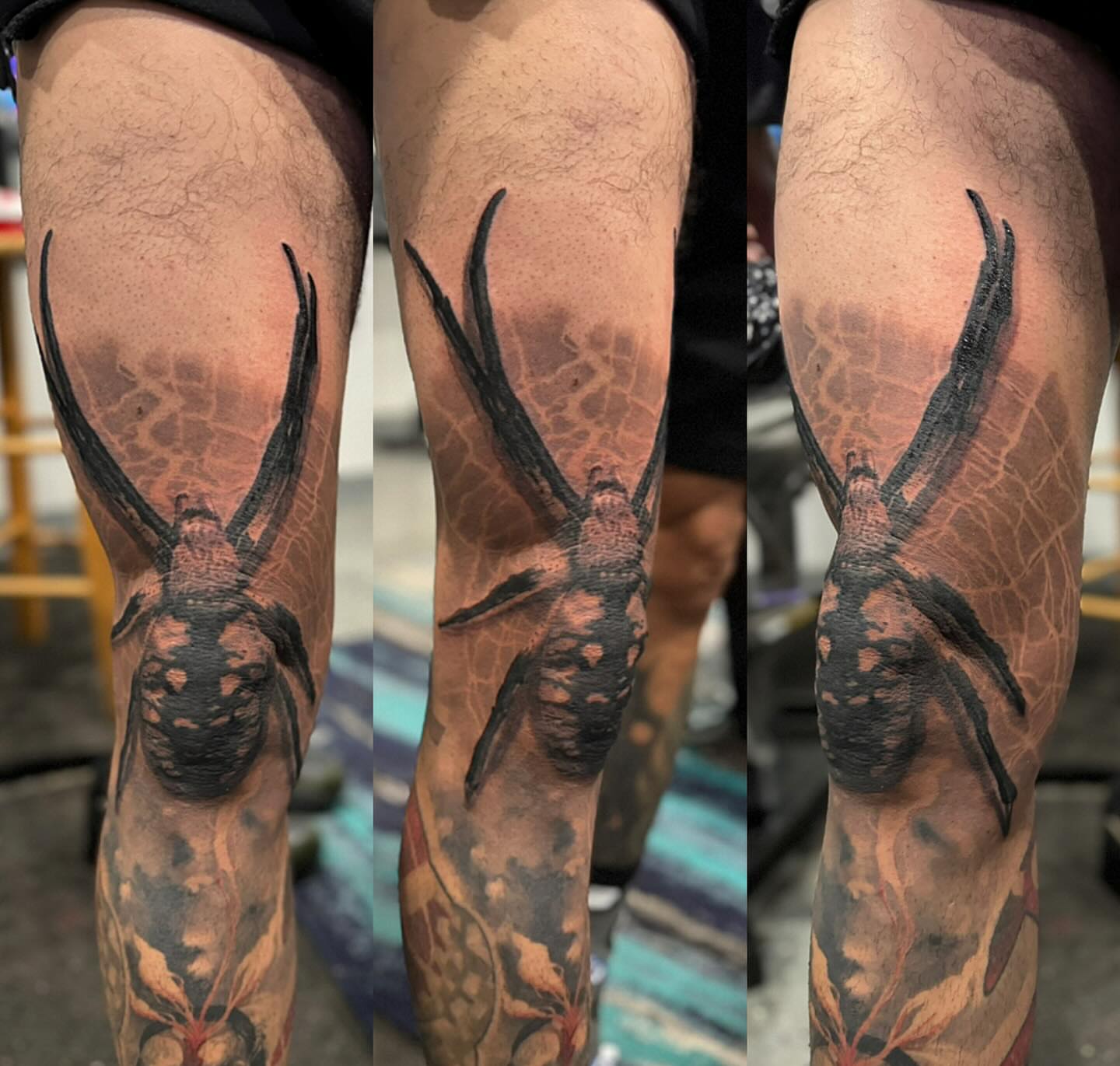 Spider realism tattoo on the leg by marcus labonne