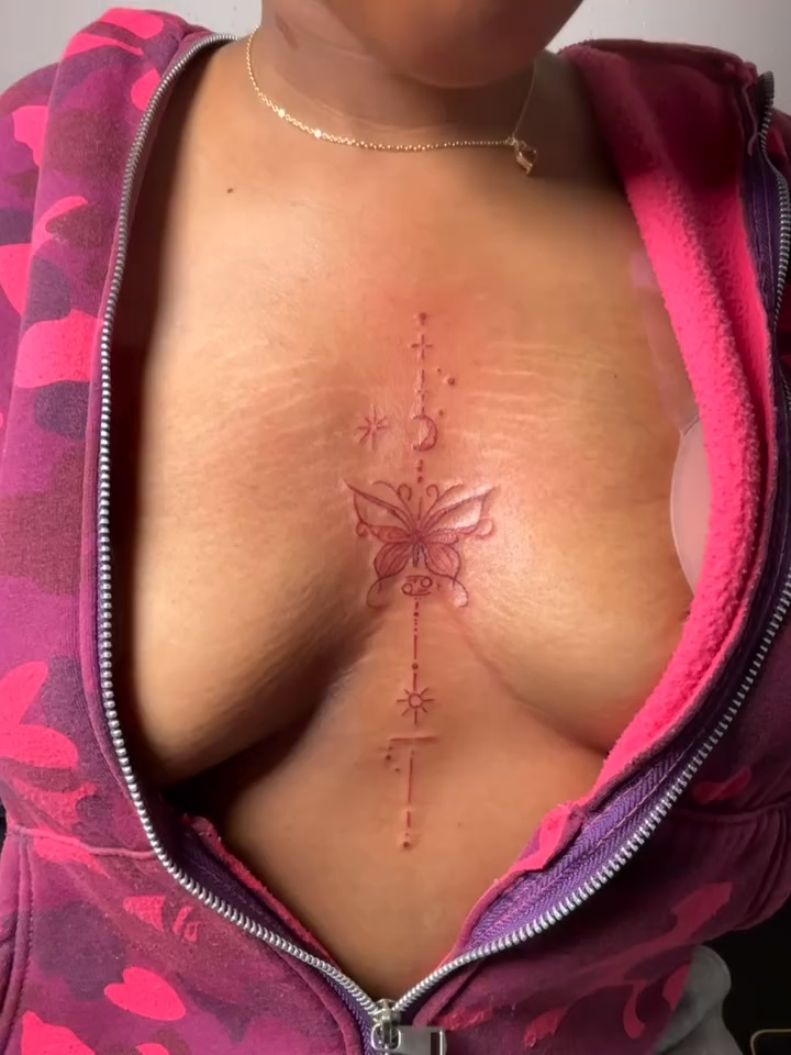 Chest butterfly and celestial design cyber sigilism tattoo on the chest by Mc X Happo