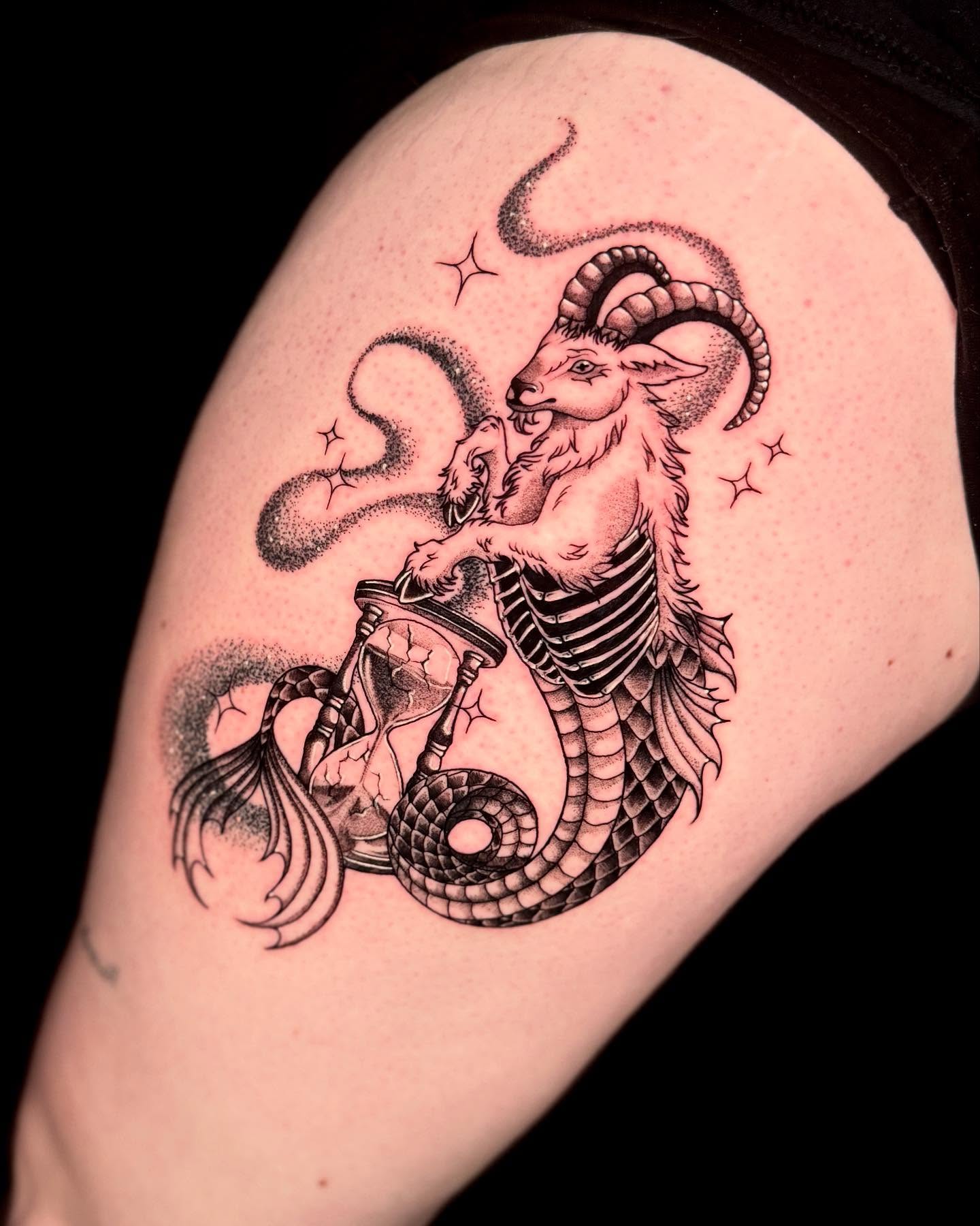 Tattoo by @amberstarrartistry — dotwork, black_and_grey