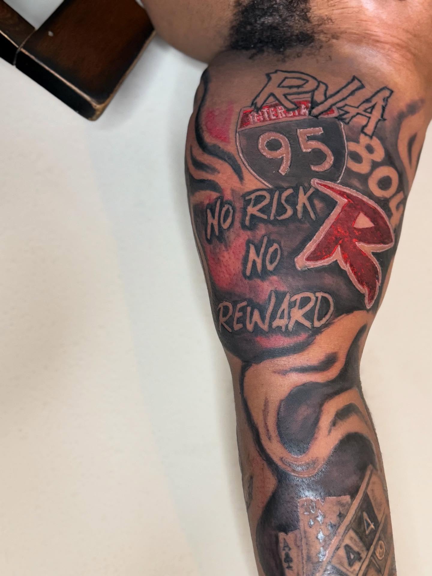 95 no risk no reward black and grey tattoo on the forearm by Illuminink.gallery
