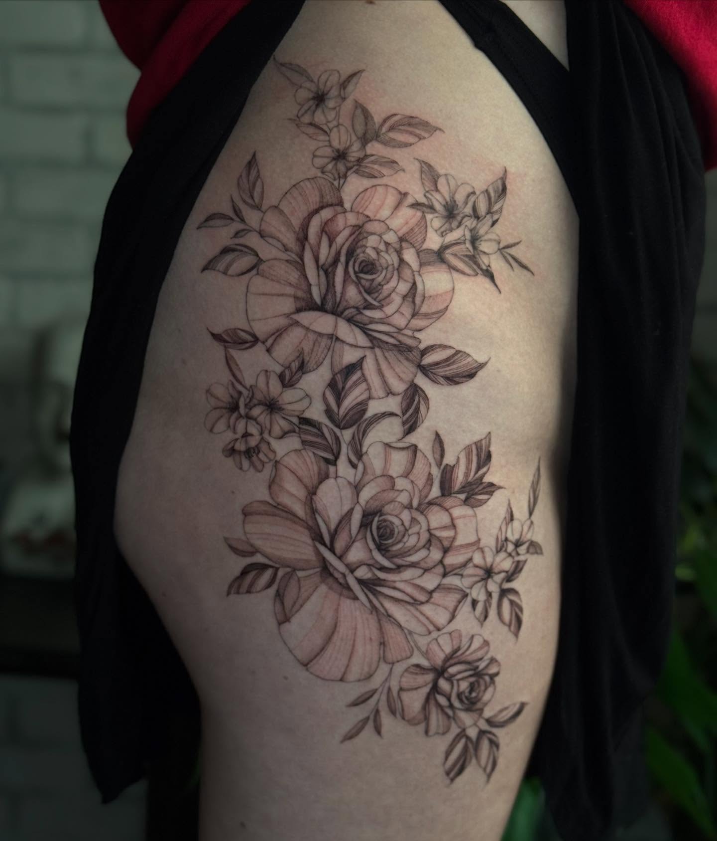 Floral bouquet black and grey tattoo on the thigh by ❀ Moo, Mount Laurel, New Jersey