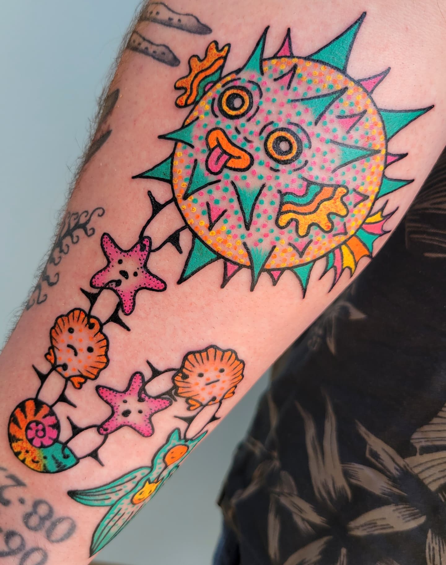 Underwater creatures dotwork tattoo on the forearm by Cat Wong意藝