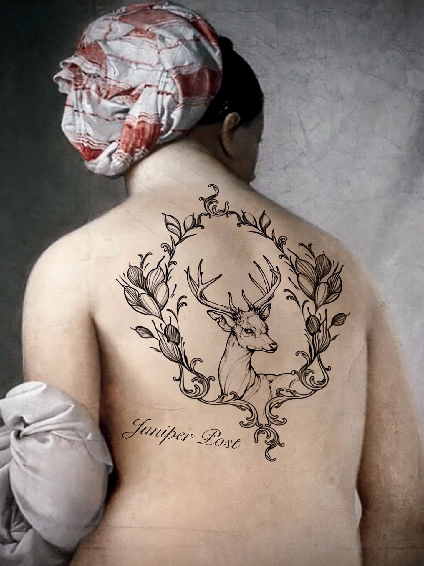 Deer and floral wreath ornamental tattoo on the back by 𝒥𝓊𝓃𝒾𝓅𝑒𝓇 𝒫𝑜𝓈𝓉 (Juju)