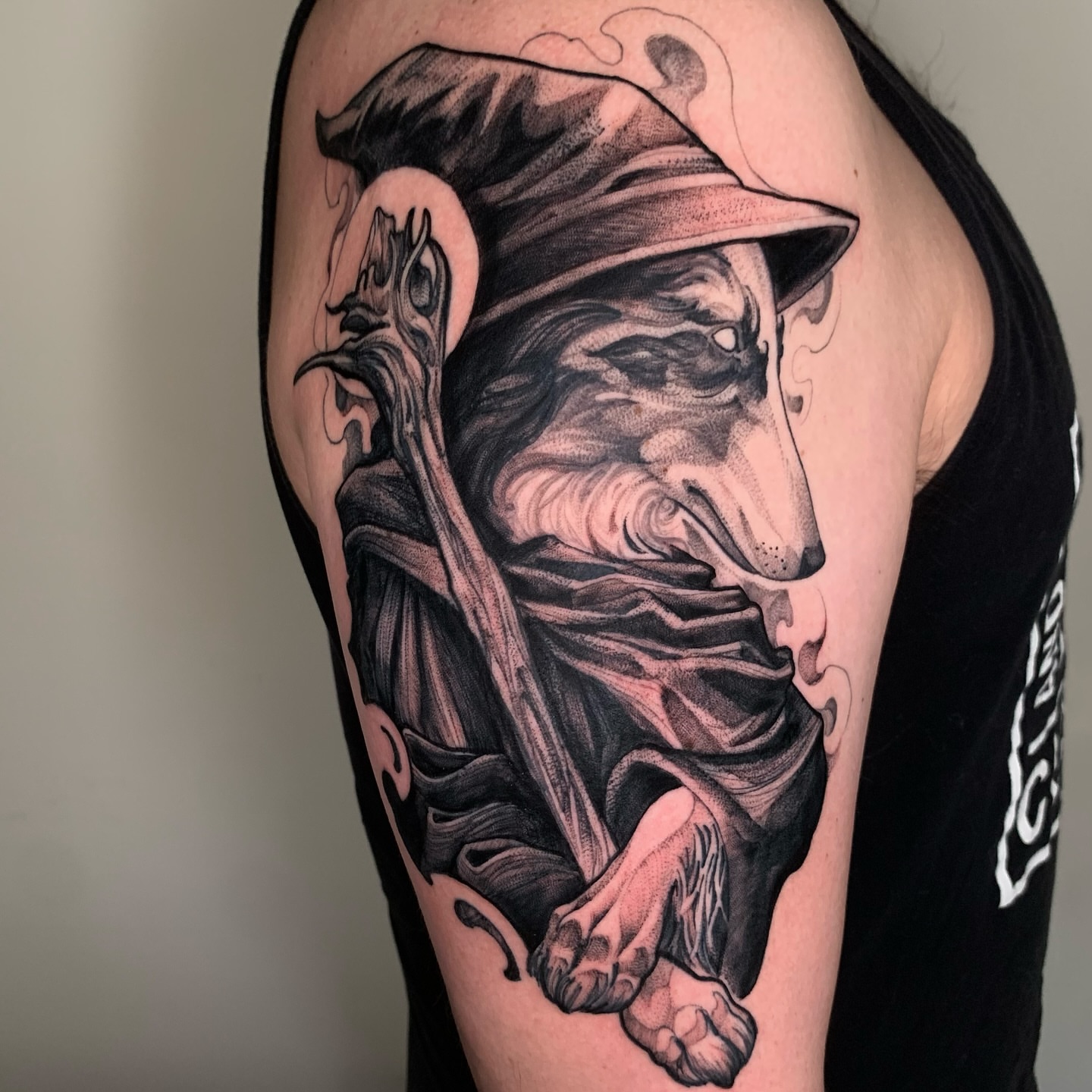 Man with hat realism tattoo on the shoulder by ⚔ Dylan Smith ⚔, Richmond, Virginia