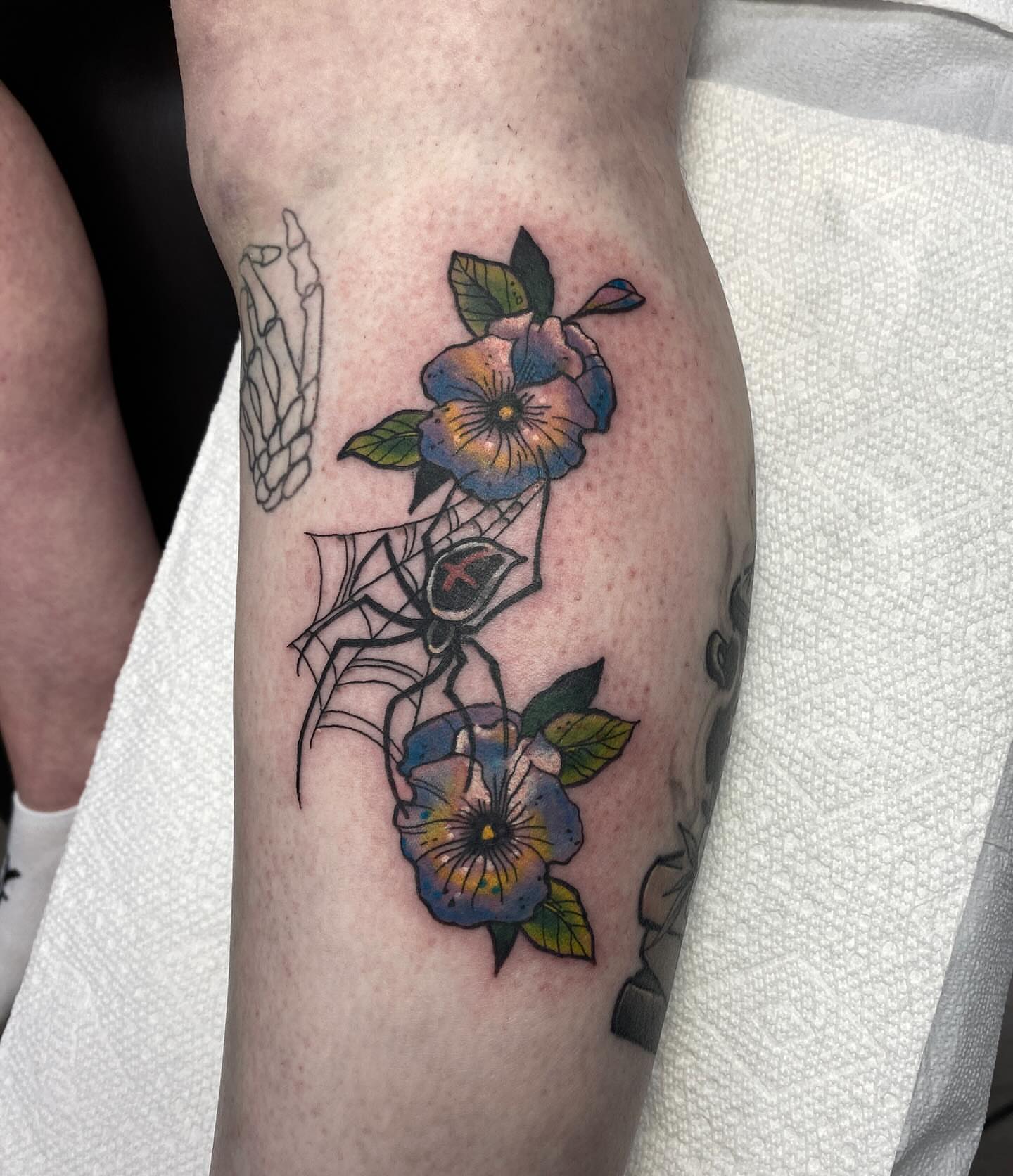 Flowers and spider American traditional tattoo on the forearm by Mike Gorman - Portland Maine Tattoo Artist, Portland, Maine