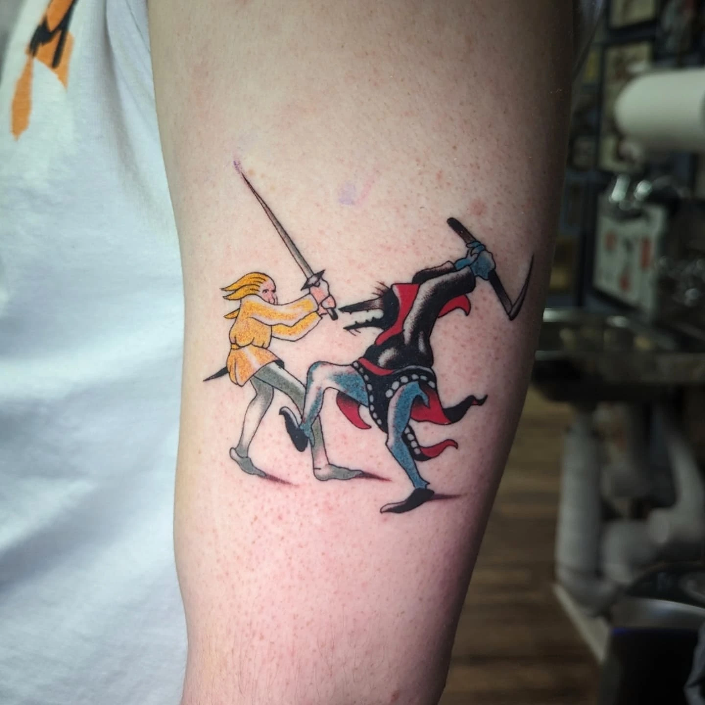 Sword fight American traditional tattoo on the forearm by joseph palladino