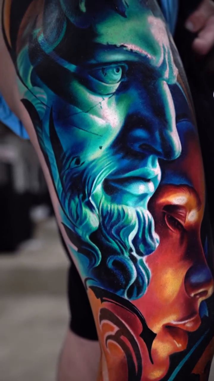 Greek god and woman realism tattoo by Guillermo Columbie, Houston, Texas