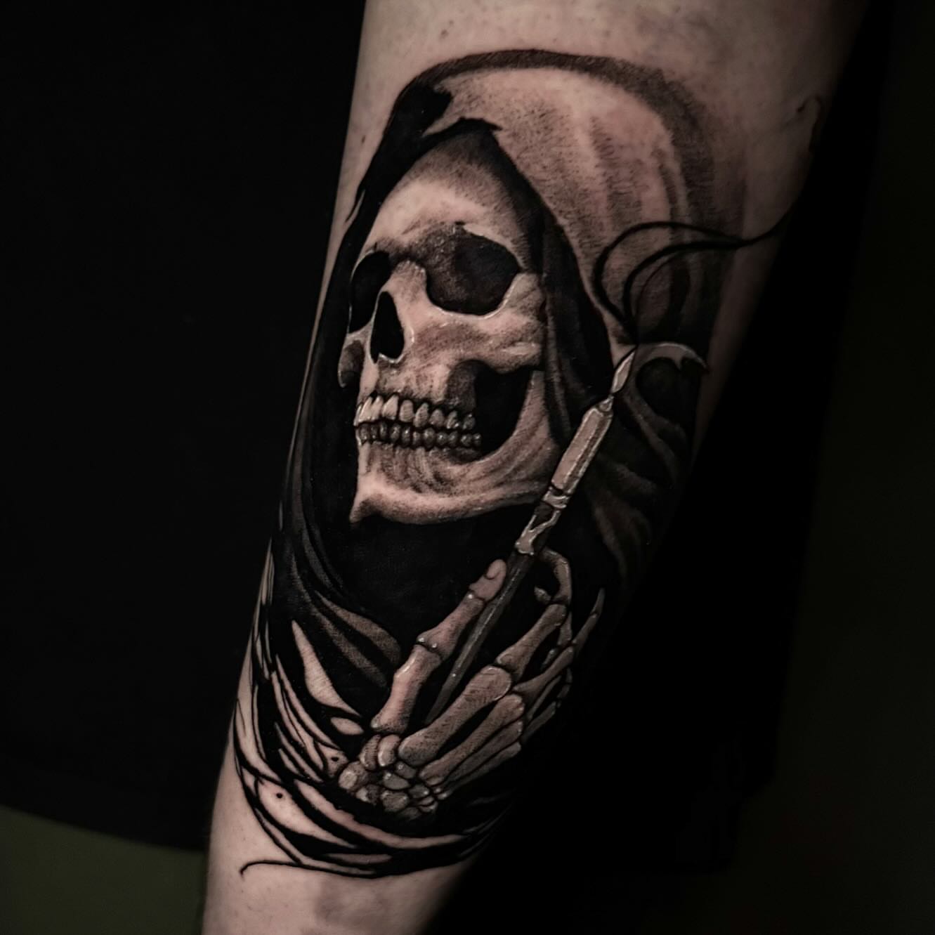 Reaper skull realism tattoo on the forearm by Mandi Marie, Charlotte, North Carolina