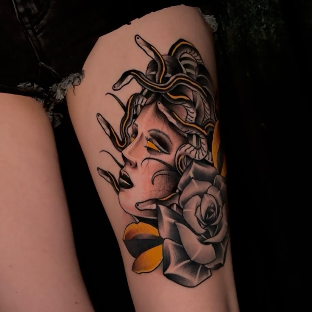 Medusa American traditional tattoo on the forearm by ⚔️ Shane ⚔️