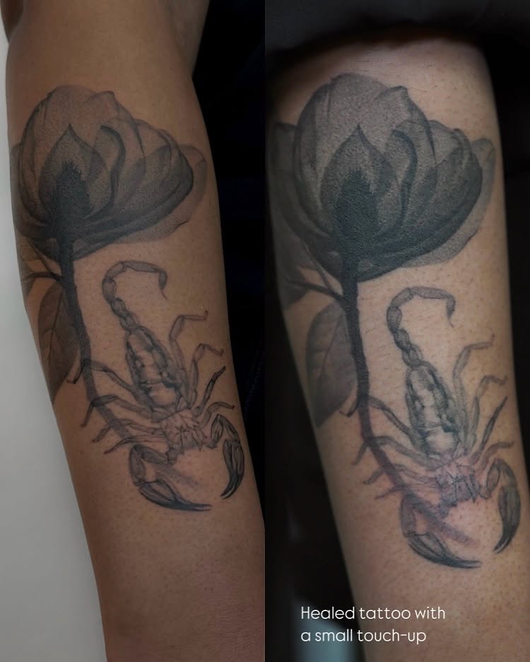 Scorpion and lotus realism tattoo on the forearm by Anastasiia Pakhanova ♥ tattoo artist