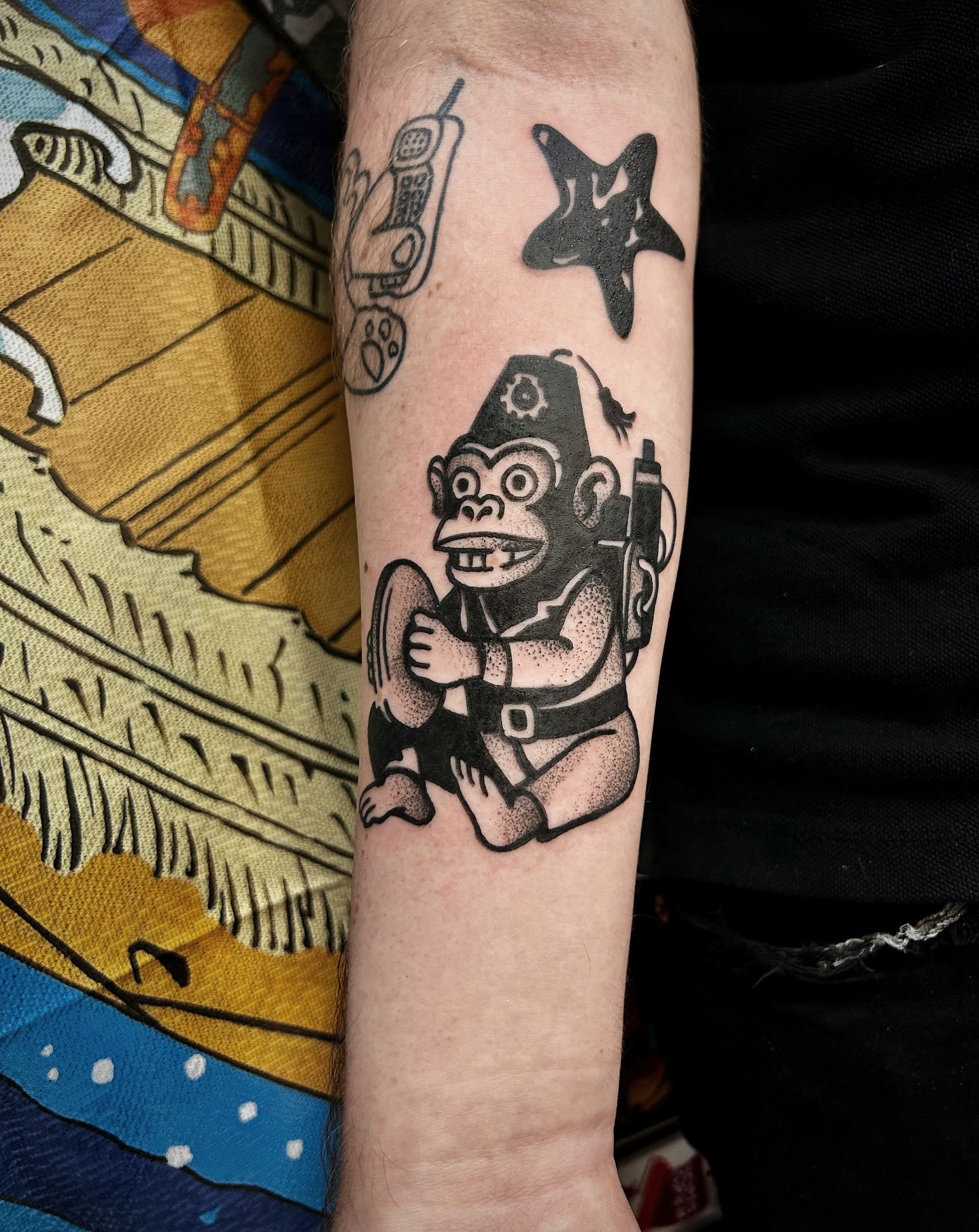 Monkey police officer dotwork tattoo on the forearm by Comastein__________✍🏼️