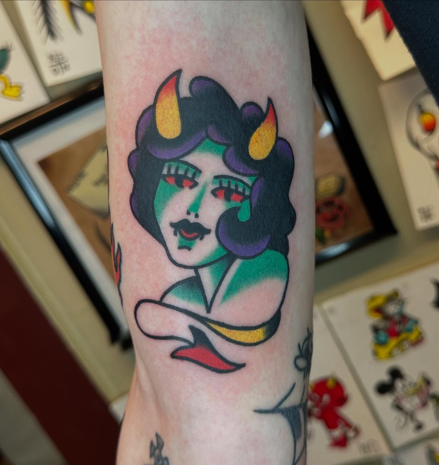 Female devil American traditional tattoo on the forearm by Keon Ostby, Tempe, Arizona