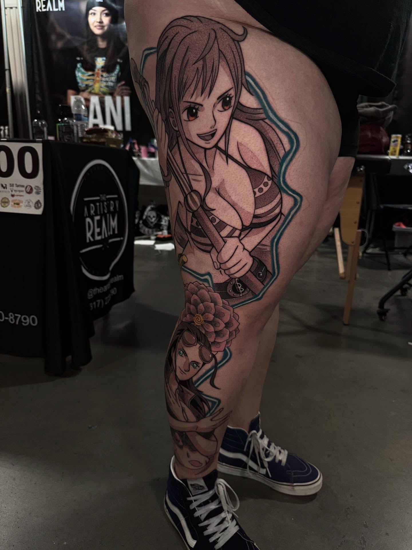 Anime character anime tattoo on the thigh by Anthony D. Rustik