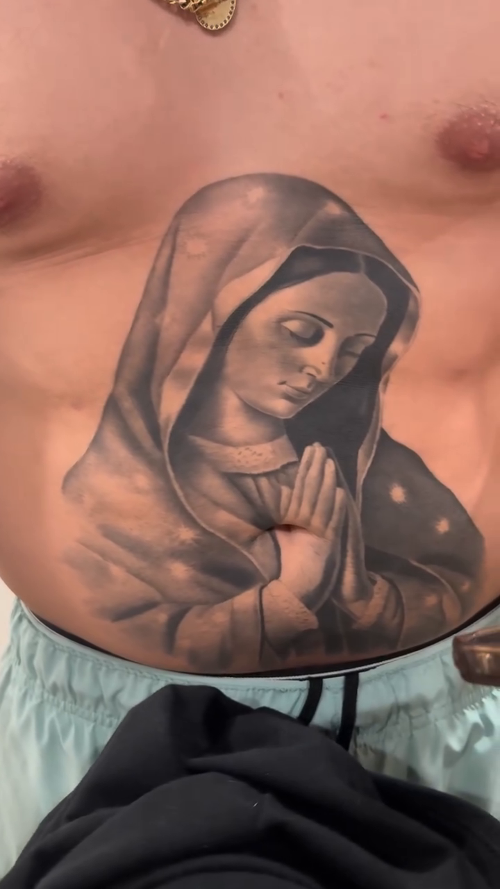 Virgin Mary praying realism tattoo by Kaleb Trujillo
