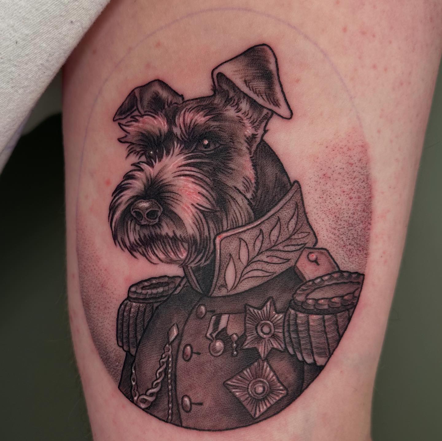 Dog in military uniform realism tattoo on the forearm by Hi