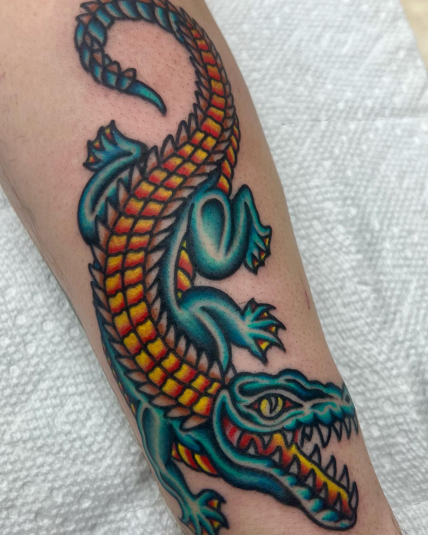 Dragon American traditional tattoo on the forearm by Carson Smith, Chandler, Arizona