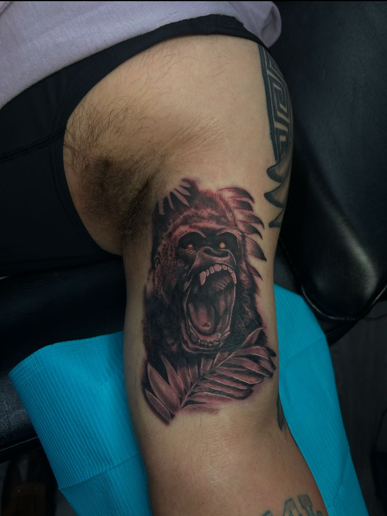 Gorilla realism tattoo on the thigh by Shake_tatts