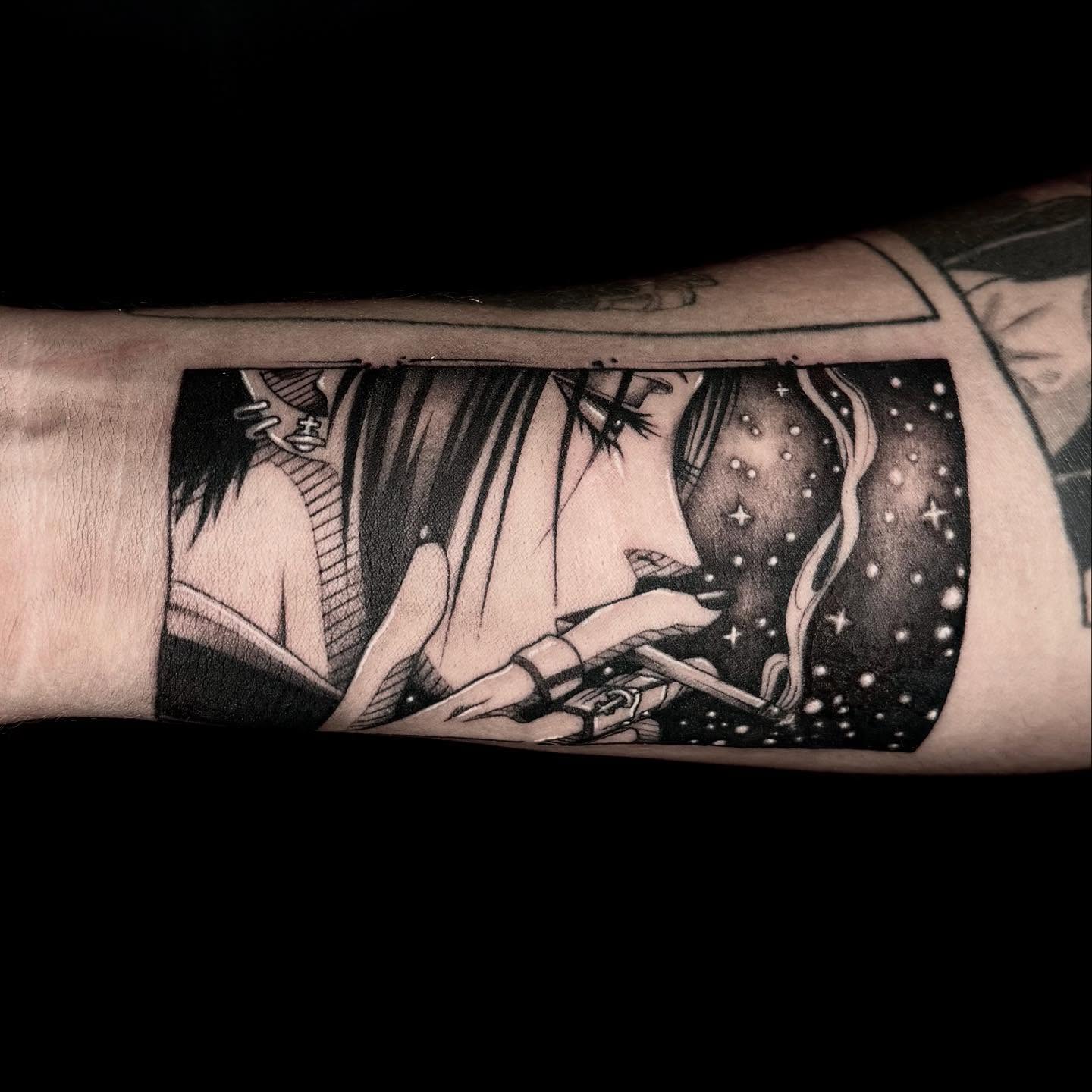 Anime girl smoking anime tattoo on the forearm by Desirae✨