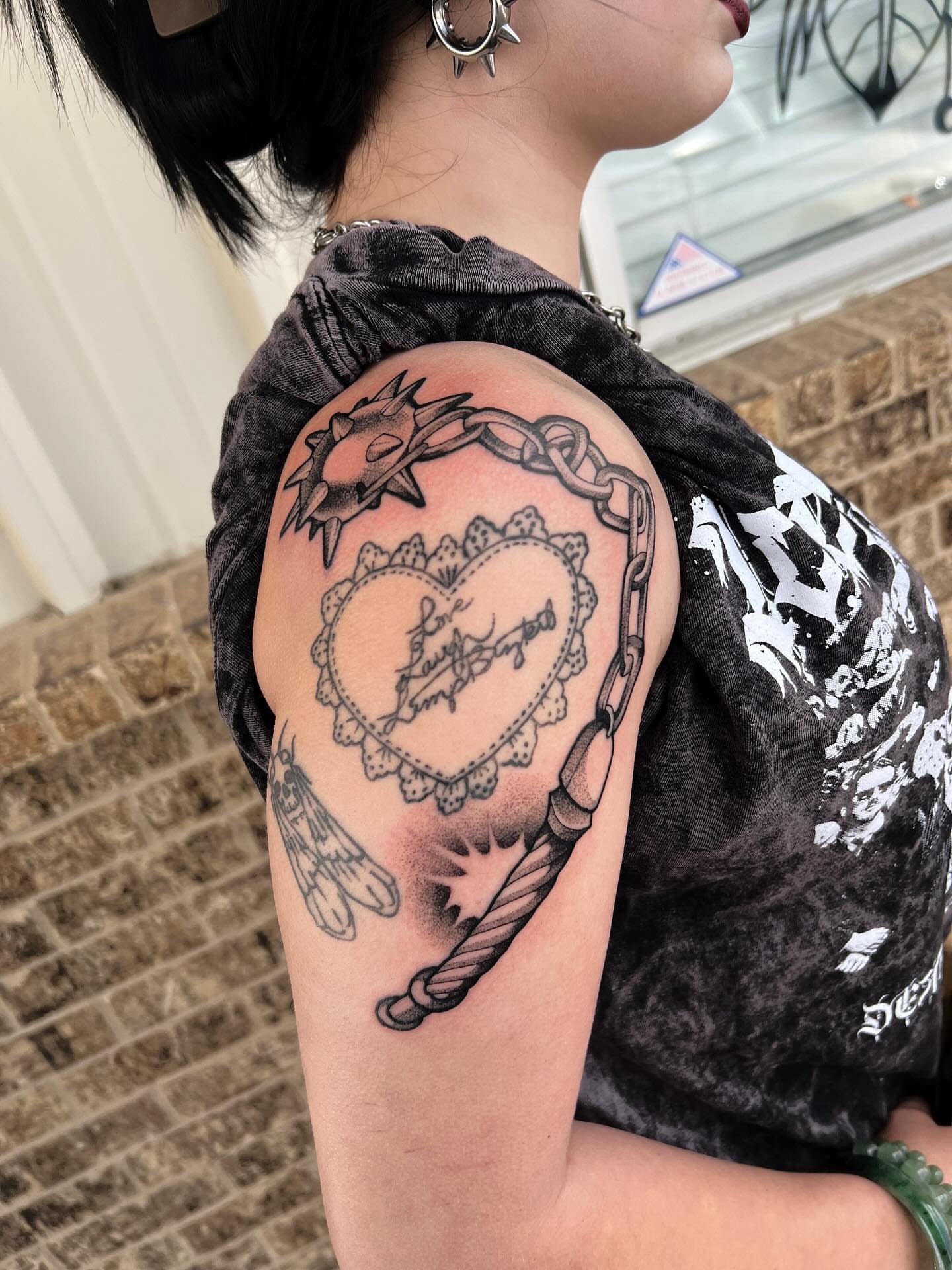 Heart with chain black and grey tattoo on the shoulder by ty ☆ nbtx tattoo artist