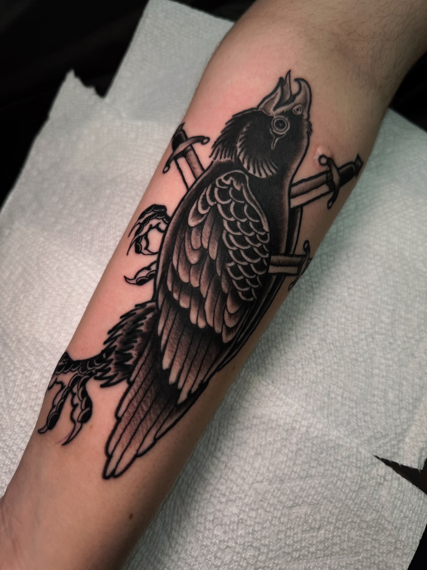 Raven black and grey tattoo on the forearm by ๐๐๐๐พ๐ - (่พ็ๅ
)