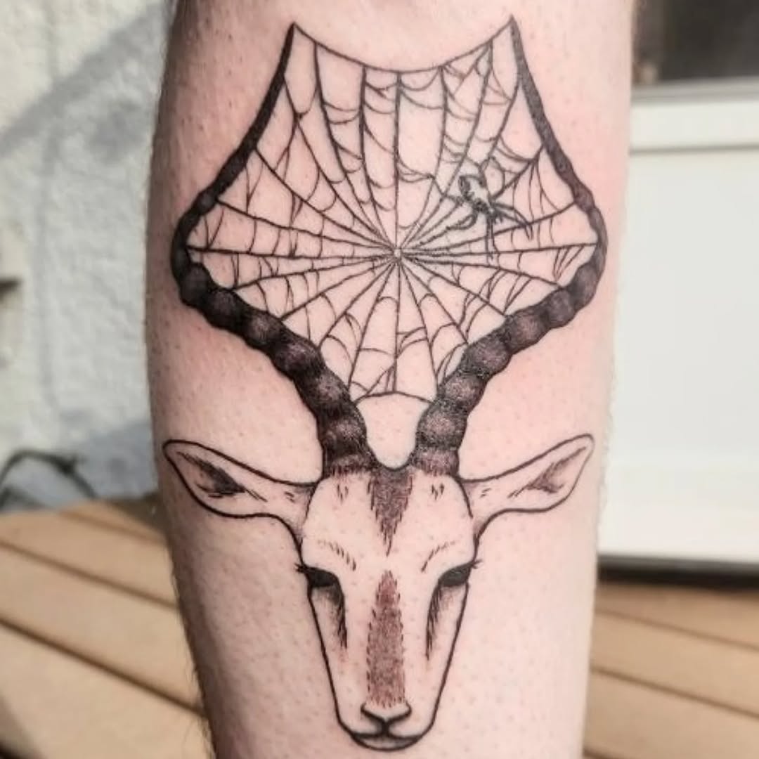Gazelle head with spiderweb antlers fine line tattoo on the forearm by Karson