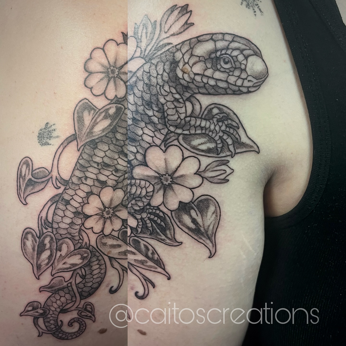 Tattoo by @caitoscreations — black_and_grey, realism