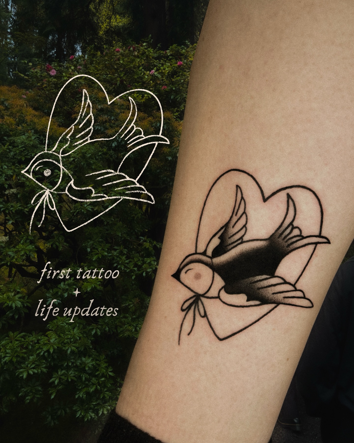 Bird and heart American traditional tattoo on the forearm by laika ✶ pdx tattoo, Portland, Oregon