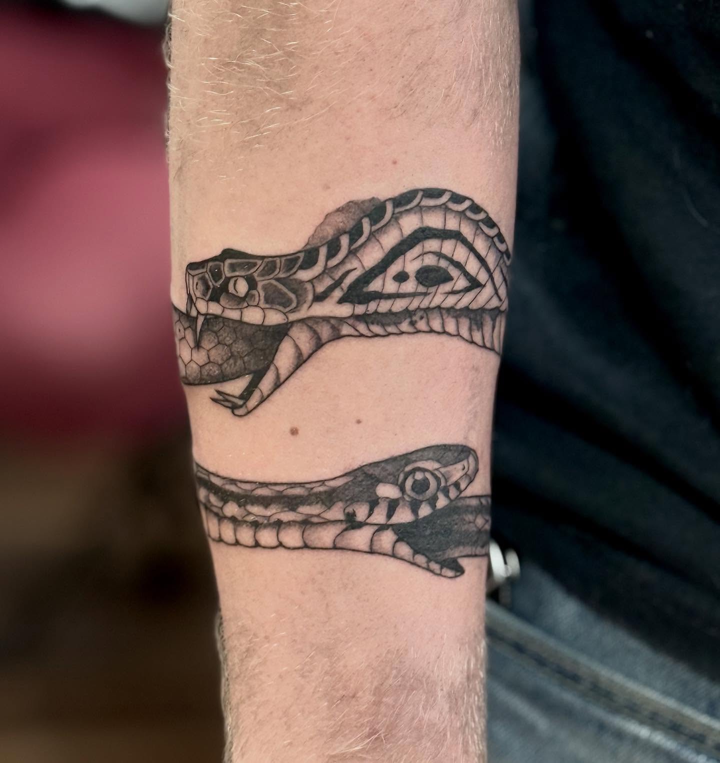 Snakes black and grey tattoo on the forearm by Katie Stacy