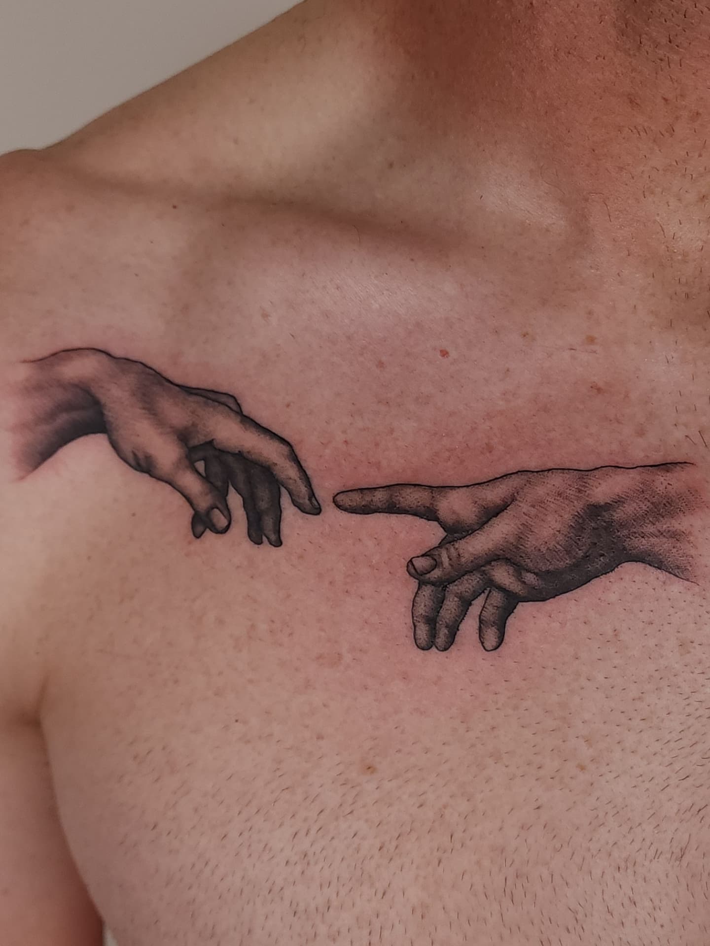 Creation moment dotwork tattoo on the chest by ๐ฏ๐๐๐๐ ๐ท๐๐๐๐