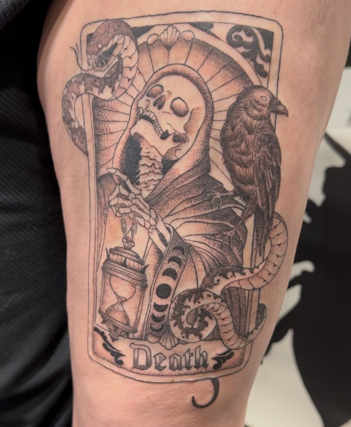 Death card black and grey tattoo on the thigh by Tina Petrullo, West Chester Township, Butler County, Ohio