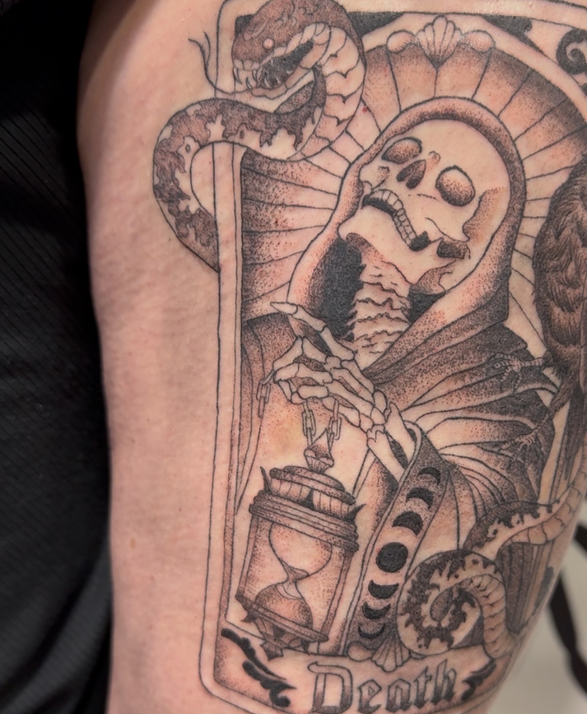 Death card realism tattoo on the forearm by Tina Petrullo, West Chester Township, Butler County, Ohio