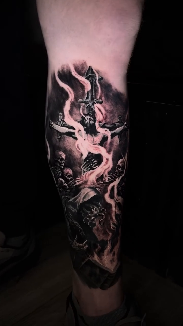 Demonic figure with skulls and lightning dark realism tattoo by Chuck James, Roseville, California