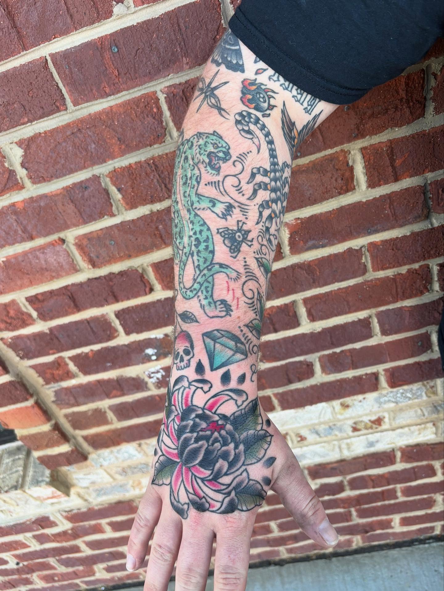 Tattooed forearm American traditional tattoo on the forearm by gia❤️‍🔥🎲, Maryville, Tennessee