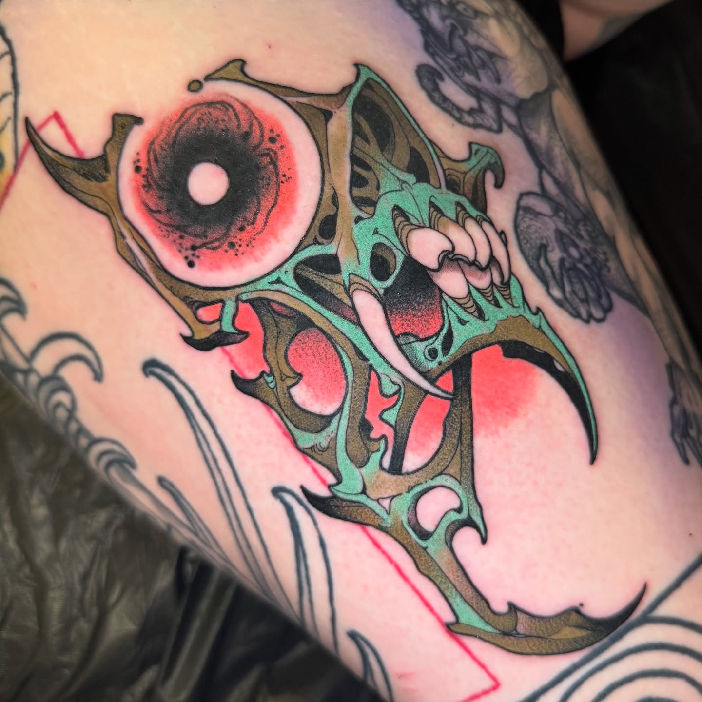 Eye with mechanical structure geometric tattoo on the forearm by Emmanuel Mendoza