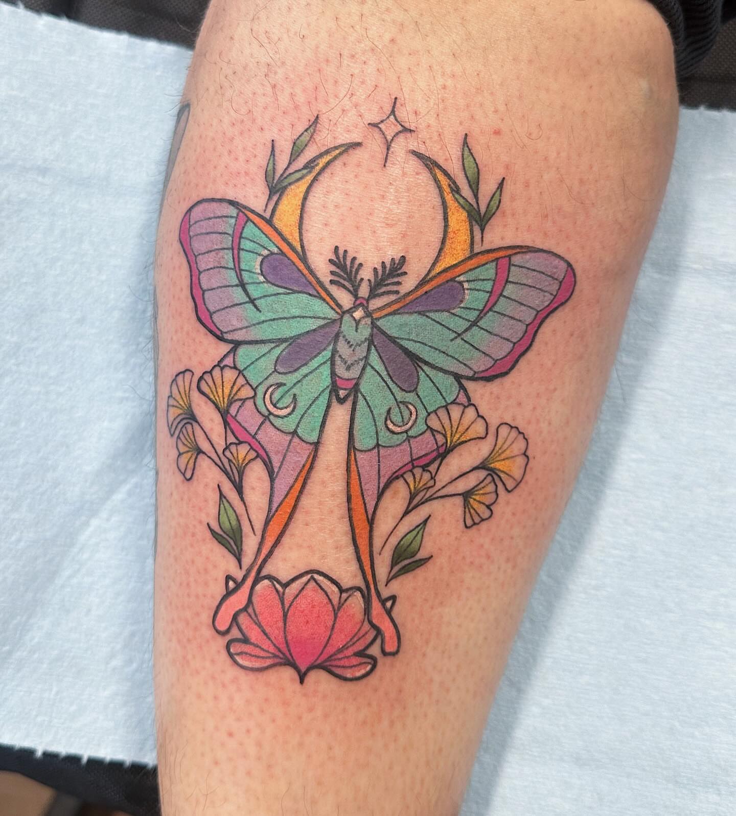 Butterfly and lotus new school tattoo on the thigh by ♡ Demi ♡