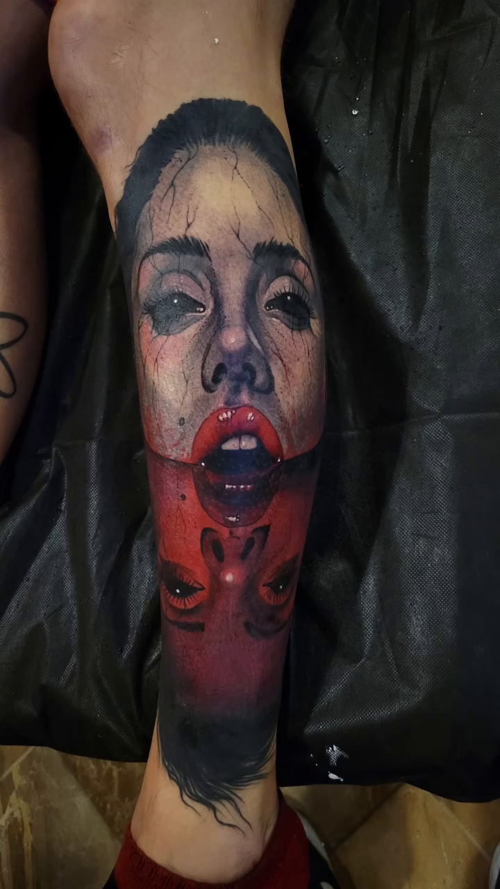 Woman's face and demonic face realism tattoo by LMT Custom Ink - Leo Montanes Tattoos