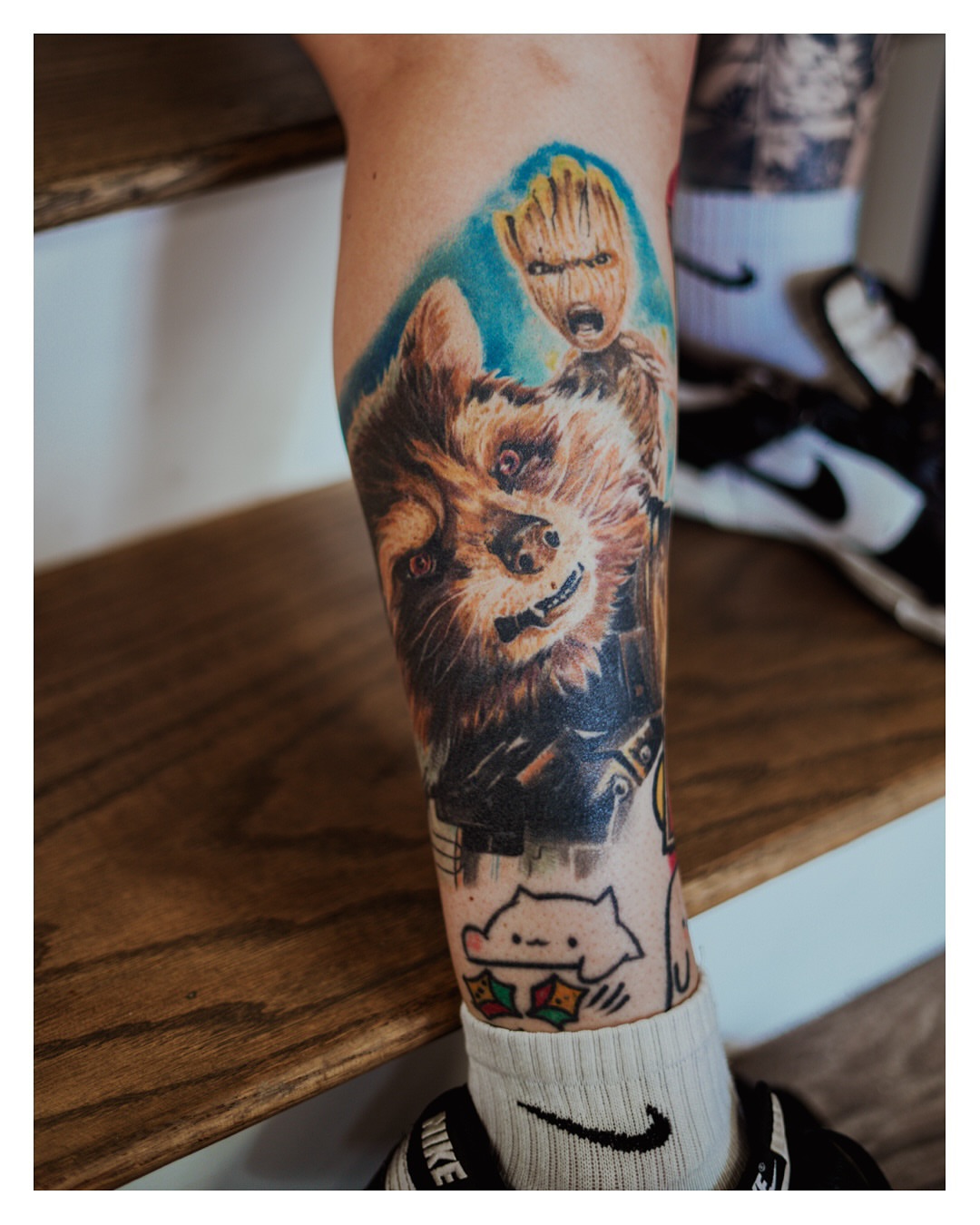 Groot and chewbacca realism tattoo on the forearm by T, Saugus, Massachusetts