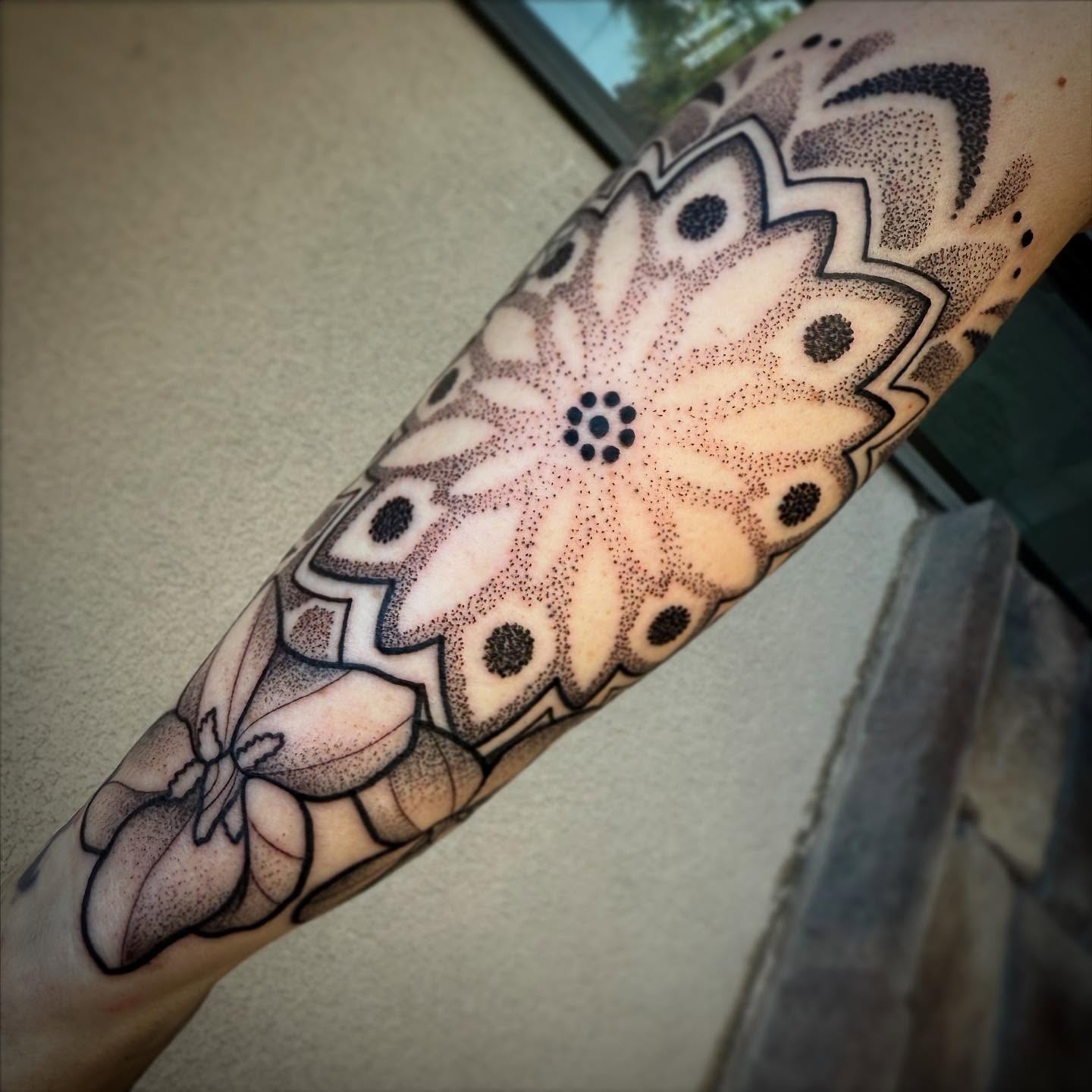 Geometric pattern dotwork tattoo on the forearm by ☠Tanner Peterson☠, Knoxville, Iowa