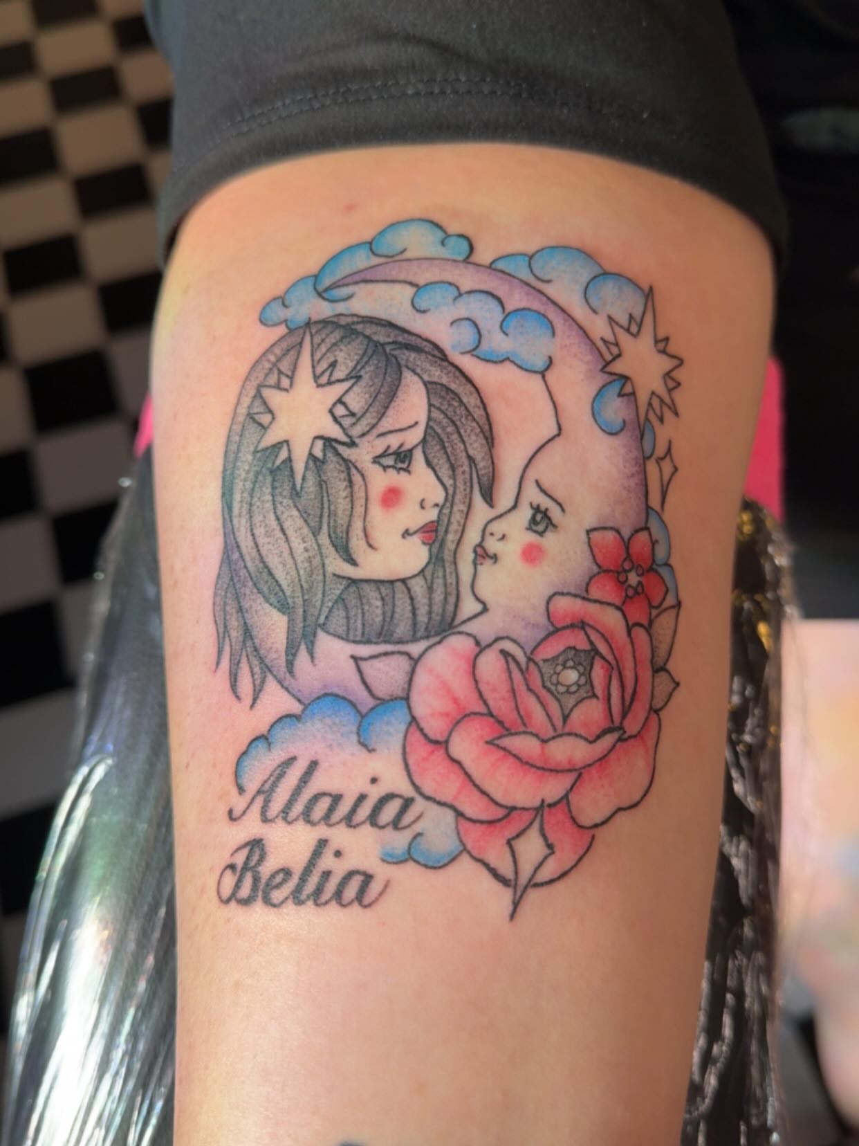 Moon and woman American traditional tattoo on the thigh by Gabs Borderline Tattoos βπΌ