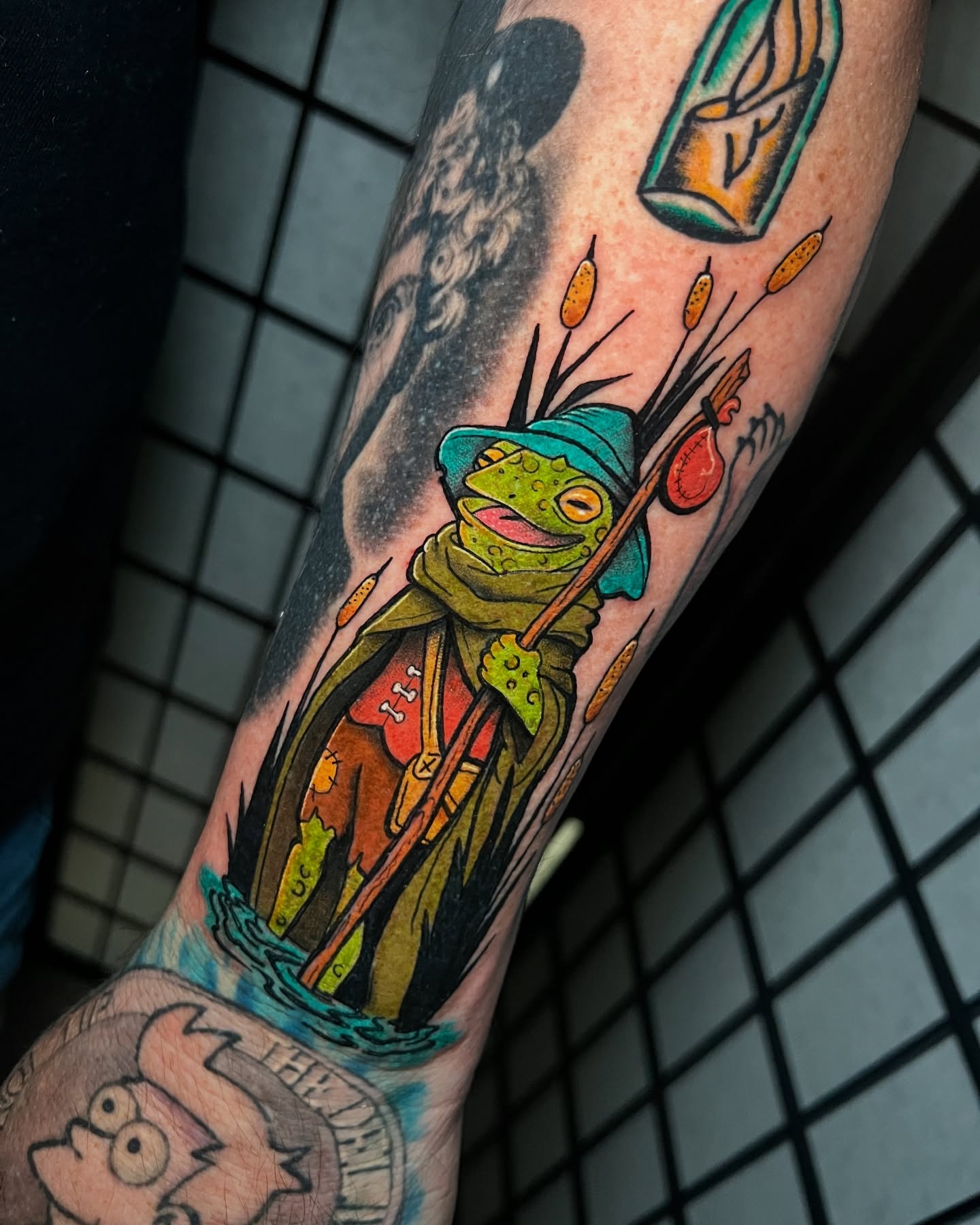 Frog wizard American traditional tattoo on the forearm by Tattoo Artist
